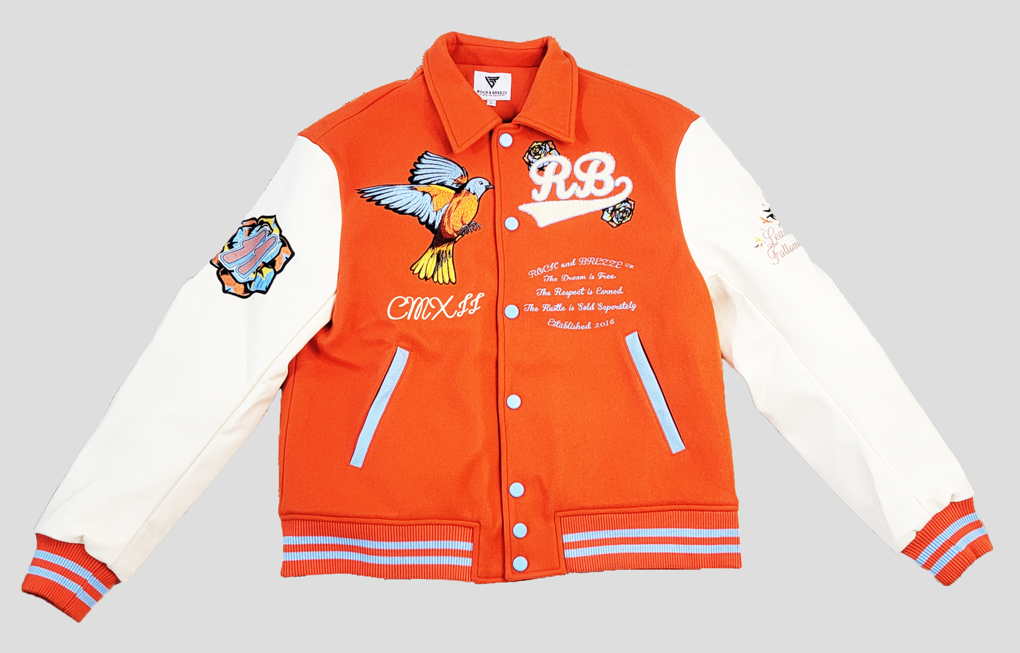 Free Bird Varsity Jacket – Orange | Statement Streetwear Jacket – Rock & Breeze